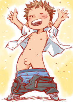 1boy ^_^ arms_up blush closed_eyes flashing hada_toshiya highres male_focus nipples open_clothes open_shirt original penis shirt short_hair shota solo standing testicles underwear