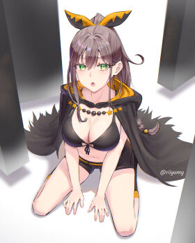 1girl absurdres bikini bikini_top_only black_bikini black_shorts braid breasts brown_hair cleavage commentary extra_pupils front-tie_bikini_top front-tie_top green_eyes hair_ribbon highres large_breasts long_hair looking_at_viewer navel on_floor open_mouth ponytail re:zero_kara_hajimeru_isekai_seikatsu ribbon riiyumy shaula_(re:zero) shorts solo swimsuit twitter_username