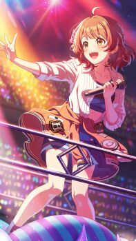 Rule 34 | > <, ahoge, brown eyes, brown hair, buttons, campus mode!! (idolmaster), clothes around waist, gakuen idolmaster, game cg, glowstick, hanami ume, holding, holding microphone, idol clothes, idolmaster, microphone, multicolored hair, official art, open mouth, red hair, skirt, sweater, sweater around waist