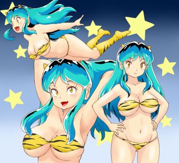 1girl animal_print armpits arms_behind_head bikini blue_background boots breasts cleavage closed_mouth commentary_request flying gradient_background green_hair hands_on_own_hips highres horns large_breasts long_hair looking_at_viewer lum multiple_views navel open_mouth pointy_ears print_bikini print_footwear smile star_(symbol) star_symbol_background strapless strapless_bikini swimsuit tiger_print tof urusei_yatsura yellow_bikini yellow_boots yellow_eyes