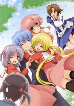1boy 5girls apron ayasaki_hayate blonde_hair blue_hair breasts brown_hair folded_ponytail hayate_no_gotoku! highres kamino_ryuuya katsura_hinagiku long_hair maid maid_apron maid_headdress maria_(hayate_no_gotoku!) multiple_girls nishizawa_ayumu pink_hair purple_hair red_eyes sanzen'in_nagi school_uniform segawa_izumi short_hair thigh_gap thighhighs thighs third-party_edit twintails yellow_eyes