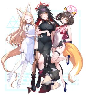 3girls :o alternate_costume animal_ear_fluff animal_ears bare_arms bare_shoulders black_boots black_dress black_gloves black_hair blue_archive blue_shoes blush boots bow breasts brown_bow brown_hair china_dress chinese_clothes closed_mouth collar colored_inner_hair dress fingerless_gloves fishnet_thighhighs fishnets floral_print floral_print_dress floral_print_thighhighs forehead fox_ears fox_girl fox_tail gloves halo hand_on_another's_shoulder high_heel_boots high_heels highres holding_another's_arm izuna_(blue_archive) large_breasts long_hair medium_breasts multicolored_hair multiple_girls open_mouth pink_collar pink_eyes pink_halo pink_socks print_dress red_hair red_halo seia_(blue_archive) shoes short_hair side_slit single_thighhigh sleeveless sleeveless_dress small_breasts smile socks standing standing_on_one_leg striped_clothes striped_thighhighs tail tail_bow tail_ornament teroru thighhighs torn_clothes torn_thighhighs two-tone_hair vertical-striped_clothes vertical-striped_thighhighs wakamo_(blue_archive) white_dress white_shoes white_thighhighs wrist_cuffs yellow_eyes yellow_halo
