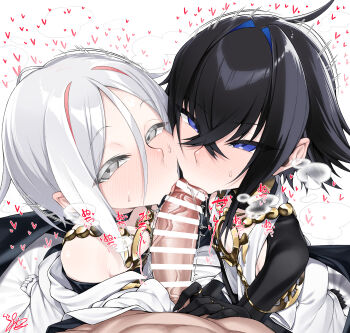 3boys absurdres androgynous black_hair black_shrug blue_eyes blue_hair censored cooperative_fellatio dove_(fate) erection fate/grand_order fate_(series) fellatio grey_eyes hair_intakes heart highres jewelry looking_at_viewer multicolored_hair multiple_boys necklace oral penis pink_hair raven_(fate) short_hair shrug_(clothing) teamwork_(sexual) two-tone_hair watosu white_hair yaoi