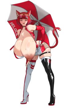1girl amx1375 animal_ears arched_back asymmetrical_footwear barbell_piercing black_boots black_choker blunt_bangs blush bob_cut boots breasts cat_ears cat_girl cat_tail choker cleavage crop_top earrings elbow_gloves gigantic_breasts gloves hand_on_own_hip hanging_breasts high_heel_boots high_heels holding holding_umbrella jewelry leaning_forward lips miniskirt nipple_piercing nipples one_breast_out open_clothes open_mouth open_vest original piercing pink_eyes race_queen red_gloves red_hair red_vest red_visor short_hair skindentation skirt slit_pupils smile solo standing sunglasses sunglasses_on_head sweat tail thigh_strap umbrella vest visor_cap whale_tail_(clothing) white_background white_boots
