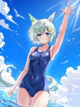1girl animal_ears armpits arms_up bare_arms blue_one-piece_swimsuit blue_sky blush breasts cloud cloudy_sky collarbone commentary_request covered_navel day ear_covers flower grey_hair grey_tail hair_flower hair_ornament highres horse_ears horse_girl horse_tail looking_at_viewer ocean one-piece_swimsuit outdoors school_swimsuit seiun_sky_(umamusume) short_hair single_ear_cover sky small_breasts smile solo sunflower sunflower_hair_ornament swimsuit tail tsukiyuki_mike umamusume wading