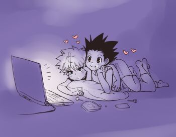 2boys black_hair blue_eyes blush brown_eyes candy computer food gon_freecss heart hunter_x_hunter kalechip killua_zoldyck laptop lying lying_on_person male_focus multiple_boys pillow shirt short_hair shorts shota smile socks t-shirt white_hair yaoi