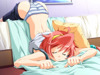 1girl ass back bed bed_sheet breast_press breasts closed_eyes eyebrows female_focus game_cg grasping_sheets hairband marihara_chiho messy_hair niji_no_kanata_ni panties pink_hair reference_work short_hair sleeping solo striped_clothes striped_panties top-down_bottom-up underwear