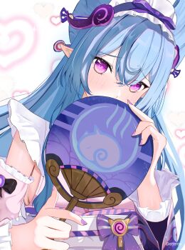 absurdres commentary dango dango_milk_(genshin_impact) food frilled_hairband frills genshin_impact hairband hashtag-only_commentary highres japanese_clothes kimono maid nihongami obi_bow pink_kimono pink_sleeves purple_tail sanshoku_dango sleeve_bow sleeveless sleeveless_kimono stteroo symbol-only_commentary tail tapir_tail wa_maid wagashi yumemizuki_mizuki