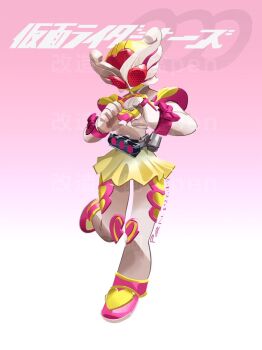 Rule 34 | 1girl, armor, character request, heart, heart hands, helmet, kamen rider, kamen rider gavv (series), kamen rider ooo (series), miniskirt, penpenhuihui, pink armor, pink background, pink helmet, red eyes, skirt, solo, yellow skirt
