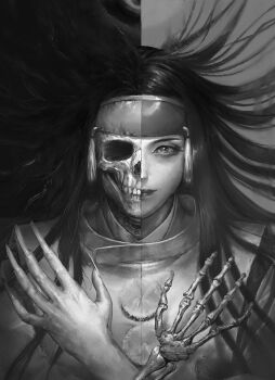 Rule 34 | 1girl, crossed arms, fingernails, floating hair, greyscale, headband, highres, long fingernails, long hair, monochrome, nao3art, rashoujin mizuki, samurai spirits, skeletal arm, skull, snk, solo, split theme
