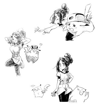 1girl ^^^ bettie_(pokemon) commentary_request double_w drowzee gen_1_pokemon greyscale grin hands_up heart highres leg_up leggings monochrome multiple_views nintendo open_mouth pikachu pointing pokemon pokemon_(creature) pokemon_masters_ex shirt short_sleeves shorts simple_background smile u4_99384295 undershirt w white_background