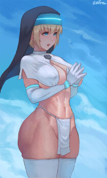 1girl adapted_costume blonde_hair blue_background blue_eyes breasts cleavage commission covered_erect_nipples curvy en&#039;en_no_shouboutai fundoshi gloves habit highres iris_(enen_no_shouboutai) japanese_clothes large_breasts looking_away navel neon_trim no_bra no_panties nun own_hands_clasped own_hands_together pelvic_curtain shiny_skin simple_background skindentation solo standing thick_thighs thighhighs thighs white_gloves white_thighhighs wide_hips zefrableu