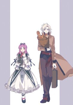 1boy 1girl asprosgy bag baguette border bow bread curtained_hair dress eiyuu_densetsu floating_clothes food full_body grey_border groceries grocery_bag hair_bow hashtag-only_commentary highres holding holding_bag holding_suitcase hugging_object leonhardt_(eiyuu_densetsu) long_hair mary_janes paper_bag parted_bangs purple_hair red_eyes renne_(eiyuu_densetsu) shoes shopping_bag short_hair sora_no_kiseki stuffed_animal stuffed_rabbit stuffed_toy suitcase two-tone_background white_background white_hair yellow_eyes