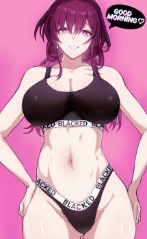 1girl black_bra black_panties bra breasts cleavage collarbone commentary_request female_pubic_hair good_morning hands_on_own_hips highres honkai:_star_rail honkai_(series) kafka_(honkai:_star_rail) large_breasts long_hair looking_at_viewer navel panties parted_lips pink_background pubic_hair purple_eyes purple_hair saint_laurent_paris simple_background smile solo speech_bubble stomach underwear