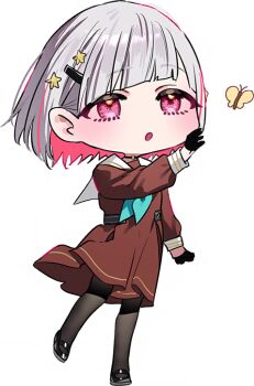 1girl :o aqua_neckerchief black_gloves black_pantyhose black_shoes blush brown_dress bug butterfly chibi chibi_only chigusa_minori colored_inner_hair distracted dress full_body game_cg gloves grey_hair hair_ornament hairclip half_gloves hasu_no_sora_school_uniform insect link!_like!_love_live! long_sleeves looking_at_animal love_live! mary_janes medium_dress multicolored_hair neckerchief non-web_source official_art pantyhose pleated_dress red_eyes red_hair sailor_collar sailor_dress school_uniform shoes short_hair simple_background solo star_(symbol) star_hair_ornament streaked_hair transparent_background virtual_youtuber white_sailor_collar winter_uniform yellow_butterfly yugiri_tsuzuri