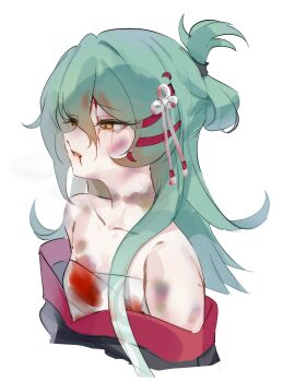 1girl absurdres bare_shoulders blood blood_from_mouth blood_on_chest blood_on_face bruise bruise_on_arm bruise_on_face chest_sarashi cropped_shoulders dirty from_side green_hair hair_between_eyes hair_ribbon highres injury long_hair looking_down open_mouth pprcno ribbon sad sarashi simple_background solo suro_(trickcal) trickcal white_background white_ribbon yellow_eyes