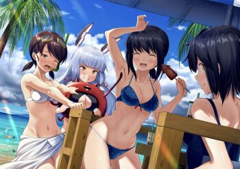 1boy 1other 4girls abyssal_ship admiral_(kancolle) alternate_breast_size arm_up armpits beach beach_umbrella bikini black_bikini black_hair blue_bikini blue_one-piece_swimsuit blue_sky blush breasts brown_eyes brown_hair bubble_tea cleavage cleavage_cutout clenched_teeth closed_eyes clothing_cutout cloud collarbone commentary_request day enemy_lifebuoy_(kancolle) from_behind fubuki_(kancolle) giving_up_the_ghost grey_hair groin hair_ribbon hammer headgear highres ichikawa_feesu kantai_collection light_rays long_hair looking_at_viewer looking_back low_ponytail low_twintails medium_breasts miyuki_(kancolle) multiple_girls murakumo_(kancolle) navel one-piece_swimsuit one_eye_closed orange_eyes outdoors parted_bangs pointing polka_dot polka_dot_bikini ponytail ribbon sarong shirayuki_(kancolle) short_hair short_ponytail short_twintails sidelocks sky snorkel squid sunbeam sunlight swimsuit t-head_admiral tears teeth tress_ribbon twintails umbrella when_you_see_it white_bikini