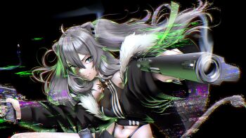 1girl absurdres ahoge animal_ears bare_shoulders black_background black_jacket black_nails black_shirt breasts cleavage closed_mouth dual_wielding ear_piercing frown fur-trimmed_jacket fur_trim glitch grey_eyes grey_hair gun hair_between_eyes handgun highres holding hololive jacket lion_ears lion_girl lion_tail long_hair looking_at_viewer medium_breasts midriff navel off_shoulder open_clothes open_jacket outstretched_arm piercing ryou_(monstercat_nc42) shirt shishiro_botan simple_background sleeveless sleeveless_shirt smoke smoking_barrel solo tail upper_body v-shaped_eyebrows virtual_youtuber weapon