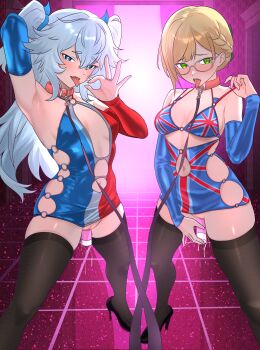 2girls :q absurdres arm_behind_head bare_shoulders blonde_hair blue_eyes blue_hair blush braid breasts censored clothing_cutout collar commentary detached_sleeves dress english_commentary female_masturbation flag_print florence_(girls'_frontline_2) french_flag french_flag_print full_body girls'_frontline girls'_frontline_2:_exilium glasses green_eyes half-closed_eyes hand_up heart heart-shaped_pupils high_heels highres jewelry leash legs legs_apart looking_at_viewer masturbation medium_breasts medium_hair microdress multiple_girls navel navel_cutout no_bra no_panties o-ring_dress object_insertion ok_sign pa-15_(girls'_frontline) pussy_juice pussy_juice_on_fingers pussy_juice_trail ring scotch_quazar seductive_smile small_breasts smile standing symbol-shaped_pupils thighhighs thighs tongue tongue_out union_jack_dress union_jack_print vaginal vaginal_object_insertion viewer_holding_leash welrod_(girls'_frontline_2) welrod_mkii_(girls'_frontline)