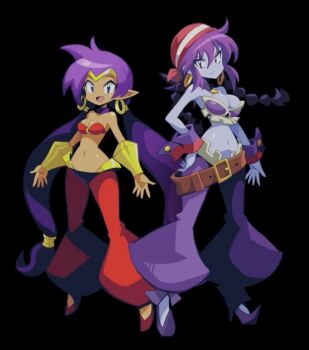 2girls bare_shoulders blue_eyes bracer breasts choker cleavage colored_skin dark-skinned_female dark_skin earrings female_focus full_body hand_on_own_hip harem_outfit highres hoop_earrings jewelry large_breasts long_hair looking_at_viewer multiple_girls navel official_art pointy_ears purple_hair purple_skin red_eyes risky_boots shantae shantae_(series) twintails very_long_hair