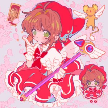 1girl angel_wings antenna_hair beret blue_background bow bowtie brown_hair cardcaptor_sakura cartoon_wings chibi closed_mouth clow_card collared_shirt cropped_legs determined dot_nose dress eyelashes ferret floral_background frilled_shirt_collar frilled_sleeves frills gloves green_eyes hair_intakes hashtag-only_commentary hat hat_bow hexagram highres holding holding_wand kero_(cardcaptor_sakura) kinomoto_sakura kinomoto_sakura_(magician) large_bow light_blush light_smile magical_girl mary_janes medium_dress multiple_views pantyhose petals petticoat pinafore_dress puffy_short_sleeves puffy_sleeves red_bow red_bowtie red_dress red_hat red_ribbon red_shoes reed ribbon shirt shoes short_dress short_hair_with_long_locks short_sleeves sidelocks sleeve_bow sleeveless sleeveless_dress tareme transparent_wings wand white_bow white_gloves white_pantyhose white_shirt white_wings winged_animal winged_wand wings wrist_ribbon