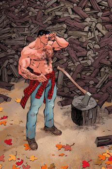 1boy abs absurdres arm_hair armpit_hair autumn_leaves axe bara black_hair chest_hair clark_kent clothes_around_waist commentary dc_comics denim english_commentary highres jeans large_pectorals leaf log male_focus muscular muscular_male navel nipples pants pectorals plaid_clothes plaid_shirt shirt shirt_around_waist short_hair solo superman_(series) sweat tom_reilly topless_male