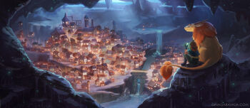 1girl ahoge aqua_gloves arm_on_knee artist_name bioluminescence black_boots blue_capelet boots breasts bridge brown_hair capelet cavern city_lights cityscape cliff clock clock_tower commentary english_commentary facing_away fingerless_gloves full_body fur-tipped_tail gina_garavalia gloves glowing green_pants highres holding horns lion_mane looking_to_the_side medium_breasts monster on_rock original pants profile river scenery shirt sitting stalactite tower town underground water water_tower water_wheel waterfall watermark web_address yellow_fur yellow_shirt