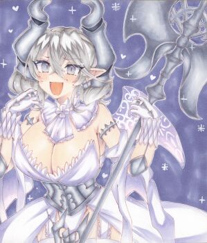 1girl arm_up armpits bare_shoulders blue_background breasts cleavage commentary_request demon_girl demon_horns detached_sleeves dress drill_hair duel_monster gloves grey_eyes grey_hair happy heart highres holding holding_polearm holding_weapon horns ichinose_haruka large_breasts lovely_labrynth_of_the_silver_castle pointy_ears polearm short_hair simple_background solo star_(symbol) strapless strapless_dress twin_drills weapon white_dress white_gloves yu-gi-oh!