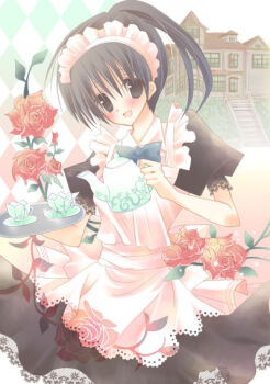 Rule 34 | 1girl, :d, apron, argyle background, argyle clothes, black eyes, black hair, bow, bowtie, building, cup, dress, female focus, flower, hashimo yuki, looking at viewer, maid, maid apron, maid headdress, open mouth, ponytail, red flower, red rose, rose, smile, solo, stairs, teacup, teapot, tray