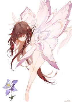 1girl closed_eyes columbina_(genshin_impact) dress eye_mask feathered_wings genshin_impact head_wings highres mask multicolored_hair multiple_wings nuiilar simple_background solo white_background white_dress white_mask white_wings wings