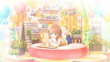 1girl aged_down azusawa_kohane balloon barefoot bloom_festival_(project_sekai) blue_pants brown_hair child closed_mouth colorful_palette curtains flower full_body game_cg grey_eyes hair_ornament hairclip hanasato_minori highres hinomori_shiho hinomori_shizuku kiritani_haruka legs_up lying momoi_airi official_art on_stomach orange_flower pants plant potted_plant project_sekai shirt smile solo sticker striped_clothes striped_shirt stuffed_animal stuffed_dog stuffed_toy third-party_source vignetting white_flower yellow_shirt