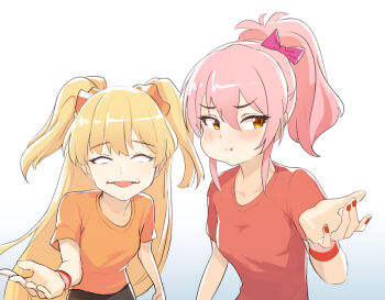 2girls :i blonde_hair bow fingernails hair_bow hair_ornament hair_scrunchie idolmaster idolmaster_cinderella_girls jougasaki_mika jougasaki_rika kagawa_ichigo making_faces multiple_girls nail_polish orange_shirt pink_bow pink_hair ponytail red_nails red_shirt rolling_eyes scrunchie shirt siblings simple_background sisters tongue tongue_out two_side_up white_background wristband