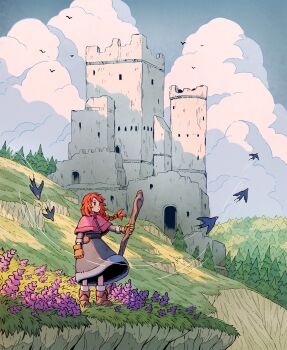 architecture bird braid cape castle cloud day fantasy field flower forest highres holding holding_staff long_hair looking_to_the_side medieval mountain nature original outdoors pine_tree red_hair ruins sky sparrow staff standing tree underpalewater wind