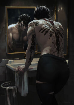 1girl abs absurdres arcane:_league_of_legends arcane_brawler_vi arcane_vi arm_tattoo back back_tattoo bathroom black_eyeshadow black_hair blood blood_on_hands breasts closed_mouth dima_ivanov eyeshadow from_behind frown highres indoors league_of_legends makeup medium_breasts medium_hair mirror multicolored_hair multiple_tails muscular muscular_female nipples pants red_hair runny_makeup shoulder_tattoo sink solo spiked_hair tail tattoo topless_female torn_clothes torn_pants two-tone_hair vi_(league_of_legends)