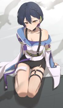 Rule 34 | 1girl, absurdres, arm support, black boots, black choker, black hair, black shorts, black sports bra, black thighhighs, boots, bra strap, braid, brown eyes, center-flap bangs, chain, chain necklace, choker, colored inner hair, commentary request, cross-laced slit, double-parted bangs, fishnet thighhighs, fishnets, furisode sleeves, highres, jacket, jewelry, kaekae kaeru, layered sleeves, legwear garter, long sleeves, multicolored hair, necklace, nijisanji, o-ring, o-ring thigh strap, official alternate costume, official alternate hair length, official alternate hairstyle, purple hair, purple tube top, short hair, short shorts, shorts, side braid, side slit, side slit shorts, silver necklace, single fishnet legwear, single legwear garter, single suspender, single thighhigh, sitting, solo, sports bra, strapless, thigh strap, thighhighs, tube top, virtual youtuber, white jacket, wide sleeves, yamagami karuta, yamagami karuta (4th costume)