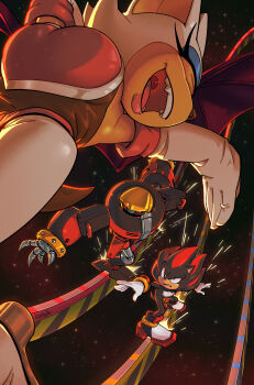 1boy 1girl 1other absurdres animal_ears animal_nose bat_girl bat_wings black_fur blue_eyeshadow catrage_miau commentary e-123_omega english_commentary eyeshadow furry furry_female furry_male gloves hedgehog_boy highres makeup red_fur robot rouge_the_bat shadow_the_hedgehog sonic_(series) team_dark_(sonic) white_gloves wings