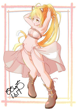Rule 34 | 1girl, absurdres, adjusting hair, ahoge, animal ear fluff, animal ears, armpits, arms up, artist name, belt, bikini, blonde hair, boots, border, breasts, brown belt, brown boots, cat ears, cat girl, cat tail, cleavage, collarbone, full body, highres, large breasts, long hair, navel, original, sarong, sidelocks, signature, simple background, solo, swimsuit, tail, thighs, totomoto, white background, yellow eyes