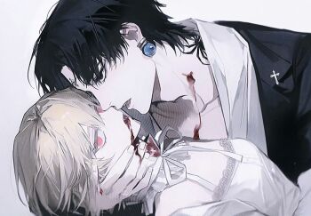 1boy 1girl alternate_species black_eyes black_hair blonde_hair blood blood_from_mouth blood_from_neck blood_on_clothes chrollo_lucilfer collar dress earrings facial_mark fangs forehead_mark frilled_collar frills genderswap genderswap_(mtf) hetero hunter_x_hunter jewelry kurapika looking_at_viewer red_eyes short_hair shouka_(ly880217) simple_background upper_body vampire vampire_bite white_background white_dress