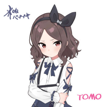 Rule 34 | 1girl, black hairband, blue bow, blue bowtie, bow, bowtie, clothing cutout, commentary, dress shirt, ebizuka tomo, girls band cry, gohannanaki, grey hair, hairband, highres, holding own arm, medium hair, revision, shirt, shoulder cutout, simple background, solo, white background, white shirt