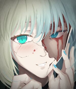 Rule 34 | absurdres, aesc (fate), aqua eyes, aqua nails, blonde hair, blood, blood on face, brian (delknoder), broken mask, close-up, commentary, crack, cracked kawaii mask, cracked mask, english commentary, fate/grand order, fate (series), grey hair, hand on own face, highres, mask, morgan le fay (fate), multicolored hair, nail polish, smile, streaked hair