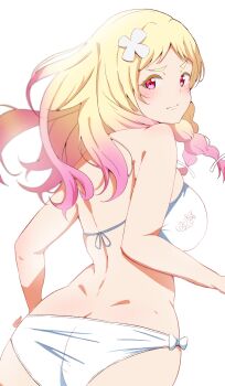 1girl absurdres ass back back_focus bare_shoulders bikini blonde_hair blush braid breasts brown_hair flower from_behind gradient_hair hair_flower hair_ornament highres large_breasts long_hair looking_at_viewer looking_back love_live! love_live!_superstar!! low_twin_braids masayu_(m-evans) median_furrow multicolored_hair onitsuka_natsumi pink_eyes pink_hair raised_inner_eyebrows short_bangs simple_background solo swimsuit twin_braids upper_body wavy_mouth white_background white_bikini