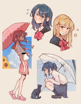 Rule 34 | 2girls, absurdres, adachi sakura, adachi to shimamura, black cat, black socks, blonde hair, blue eyes, blue hair, blue skirt, bow, bowtie, brown background, brown eyes, cat, collared shirt, commentary, cyber (cyanceebee), flower, flying sweatdrops, grey shoes, hair ornament, hairclip, highres, loafers, long hair, medium hair, multiple girls, outdoors, pink sandals, pink shorts, pink umbrella, red bow, red bowtie, sandals, school uniform, shimamura hougetsu, shirt, shoes, shorts, simple background, skirt, smile, socks, sunflower, transparent, transparent umbrella, umbrella, white shirt