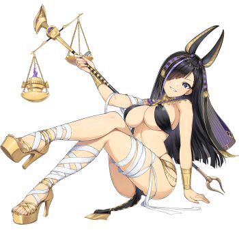 1girl ancient_egyptian animal_ears anubis_(mythology) anubis_(mythology)_(cosplay) armlet bandaged_arm bandaged_leg bandages black_hair blue_eyes bracelet breasts cosplay dolphin_wave game_cg hair_over_eyes highres holding_scale jackal_ears jewelry kurose_minami large_breasts long_hair looking_at_viewer navel non-web_source official_alternate_costume official_art one_eye_covered ootomo_takuji purple_streaks simple_background single_hair_streak sitting smile solo transparent_background underboob waist_jewel weighing_scale
