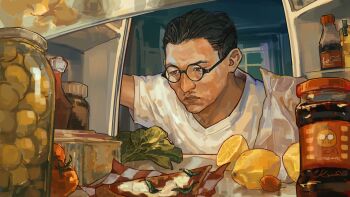 Rule 34 | 1boy, absurdres, aegyo sal, arm up, black hair, bottle, brown eyes, buzz cut, coca-cola, disco elysium, facial hair, food, fruit, glasses, highres, jar, kim kitsuragi, kozmoraven1610, lemon, lettuce, male focus, mustache stubble, parted lips, pizza, pizza slice, pov, refrigerator, sauce, serious, shirt, short hair, soda, solo, stubble, t-shirt, very short hair, white shirt