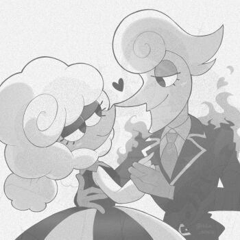 1girl 2boys arm_over_shoulder collared_shirt deltarune dress elnina_(deltarune) eyelashes film_grain greyscale hand_on_another's_back hand_on_another's_shoulder heart hika_mimix holding_hands jacket lanino_(deltarune) long_hair looking_at_another monochrome multiple_boys necktie one_eye_closed pants rouxls_kaard shirt short_hair smile sparkle teeth thumbnail_surprise twitter_username utdr_(toby_fox)