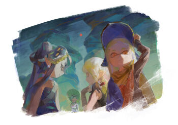 4girls agent_3_(splatoon) agent_3_(splatoon_3) animal animal_on_shoulder arm_up arm_wrap behind-the-head_headphones black_dress black_hair blonde_hair blue_hat braid brown_shirt callie_(splatoon) choker closed_eyes closed_mouth dress earclip grin hat headphones inkling long_hair looking_at_viewer marie_(splatoon) multiple_girls naux nintendo orange_eyes painterly patchwork_clothes peaked_cap pointy_ears shirt single_braid smallfry_(splatoon) smile splatoon_(series) splatoon_3 strapless strapless_dress tentacle_hair white_choker yellow_eyes