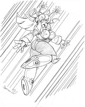 Rule 34 | antennae, armor, armored boots, armored gloves, arms up, bikini armor, boots, breasts, flying, hair ribbon, hairband, headphones, highres, hyper roll (marvel vs. capcom), ink, jet boots, joints, knee boots, large breasts, lineart, long hair, marvel vs. capcom, mechanical arms, mechanical boots, mechanical legs, mega man (classic), mega man (series), open mouth, ponytail, pumpkinsareholy, radio antenna, red armor, ribbon, robot, robot girl, robot joints, roll (mega man), shoulder armor, sidelocks, signature, smile