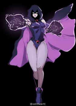 1girl absurdres black_leotard breasts cape colored_skin dc_comics forehead_jewel grey_skin highres large_breasts leotard looking_at_viewer magic medium_breasts purple_eyes purple_hair raven_(dc) short_hair sleeved_leotard solo sottart teen_titans