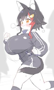 1girl alternate_breast_size_(larger) alternate_costume animal_ear_fluff animal_ears black_hair black_jacket black_shorts black_socks blush bouncing_breasts breasts brown_eyes clenched_hands commentary_request cropped_legs hair_ornament highres hololive huge_breasts jacket kani_bonara long_sleeves looking_ahead multicolored_hair ookami_mio red_streaks running short_hair_with_long_locks shorts smile socks solo streaked_hair tail tail_around_own_leg virtual_youtuber wolf_ears wolf_girl wolf_tail