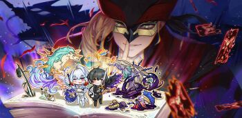 1girl 2boys black_hair black_jacket black_pants black_wings blonde_hair book bra card chimera_(wuthering_waves) chromatic_aberration closed_mouth commentary_request cristoforo_(wuthering_waves) eye_mask finger_to_mouth galbrena_(wuthering_waves) green_eyes gun highres holding holding_gun holding_sword holding_weapon imperator_(wuthering_waves) ina_(mikamixx) jacket leviathan_(wuthering_waves) male_rover_(wuthering_waves) mask multiple_boys official_alternate_color one_eye_closed open_book pangu_terminal_(wuthering_waves) pants parted_lips purple_eyes rover_(wuthering_waves) shushing single_wing smile sword tacet_discord_(wuthering_waves) underwear unicorn weapon white_bra white_hair white_wings wings wuthering_waves yellow_eyes